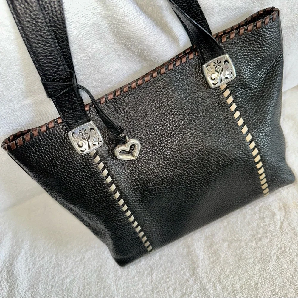 Vintage Brighton Black Leather Tote Bag Whipstitch Heart Charm 90s Y2K Shoulder - Picture 1 of 10
